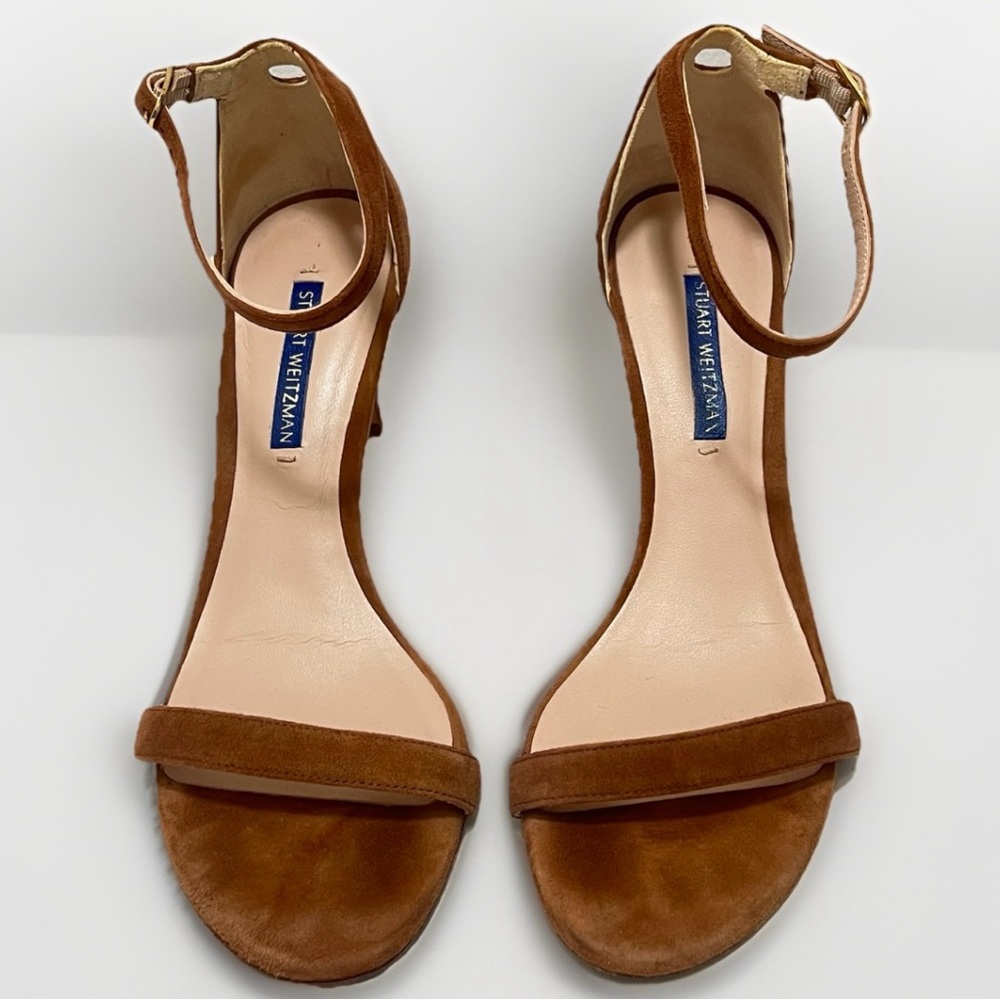 Stuart Weitzman Nudist II Designer Sandal Stiletto Heels Sz 7.5 Tan Suede Luxury